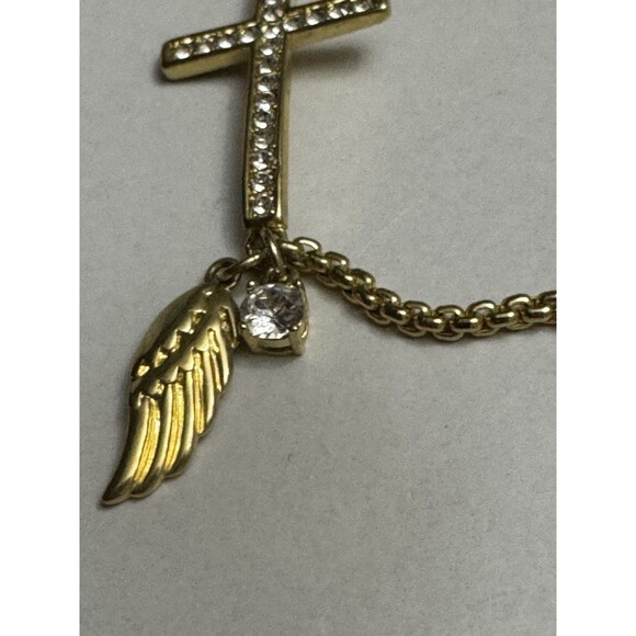 Gold Tone Adjustable Slider Bracelet CZ Cross Angel Wing and Crystal Charms - Picture 3 of 6